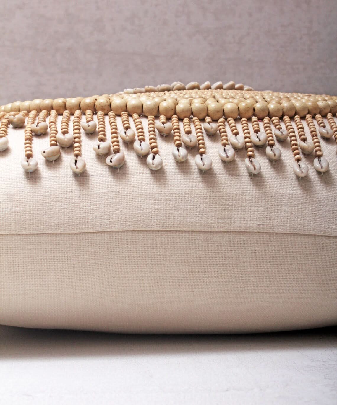Hand Embroidered Bohemian Beaded and Cowrie Shell Lumbar Pillow