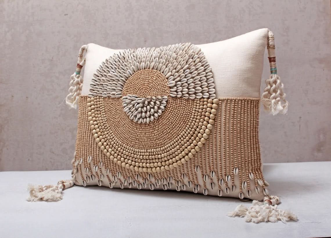 Hand Embroidered Bohemian Beaded and Cowrie Shell Lumbar Pillow