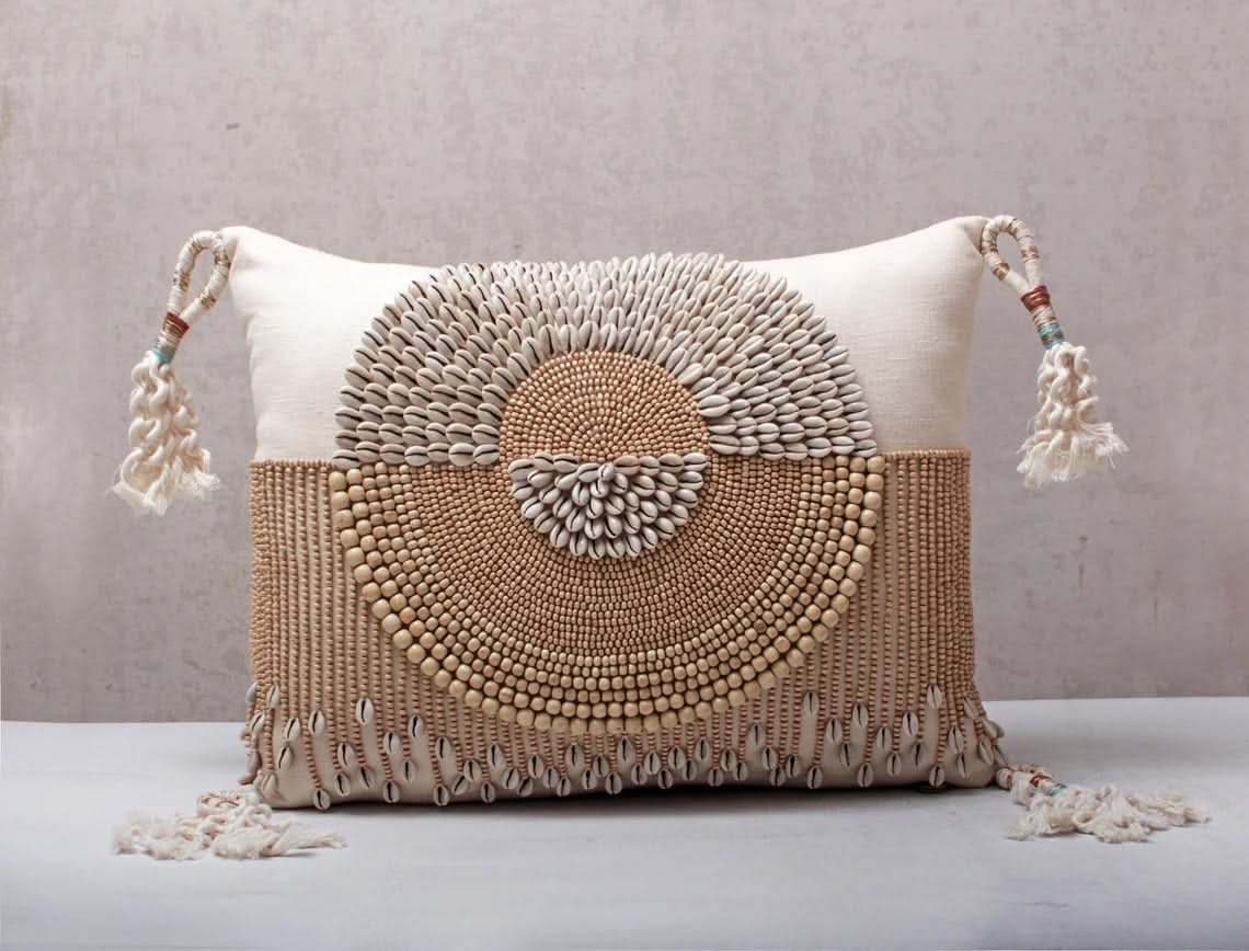 Hand Embroidered Bohemian Beaded and Cowrie Shell Lumbar Pillow