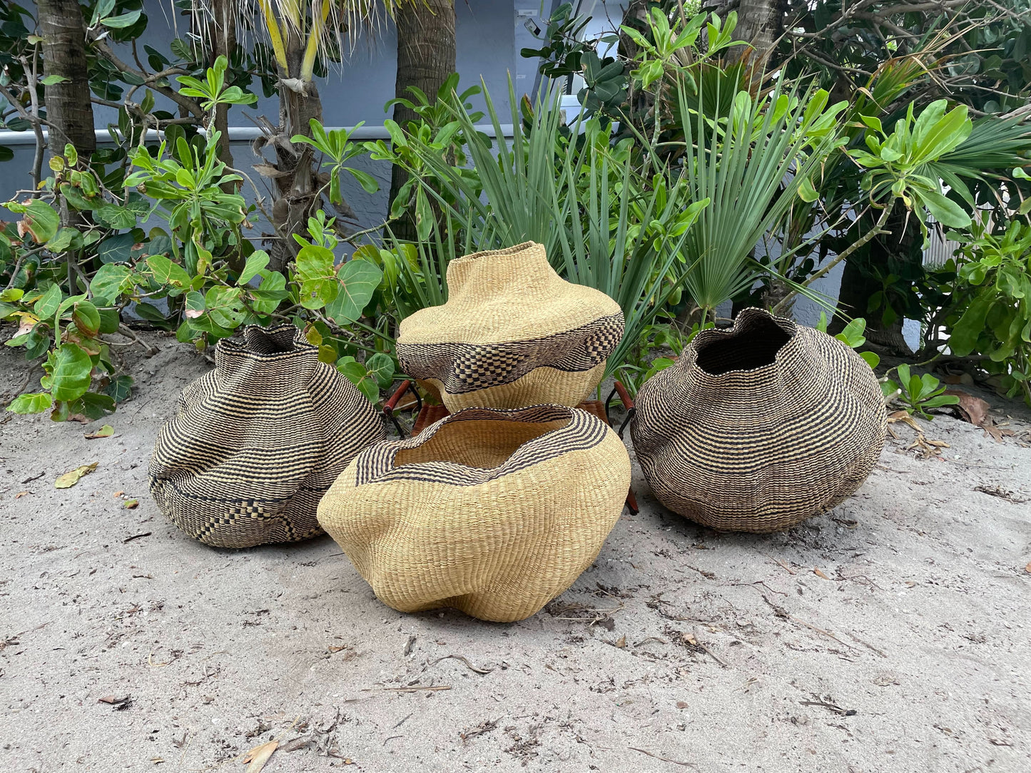 Large twist weave Ghana Basket in Natural with Black Trim