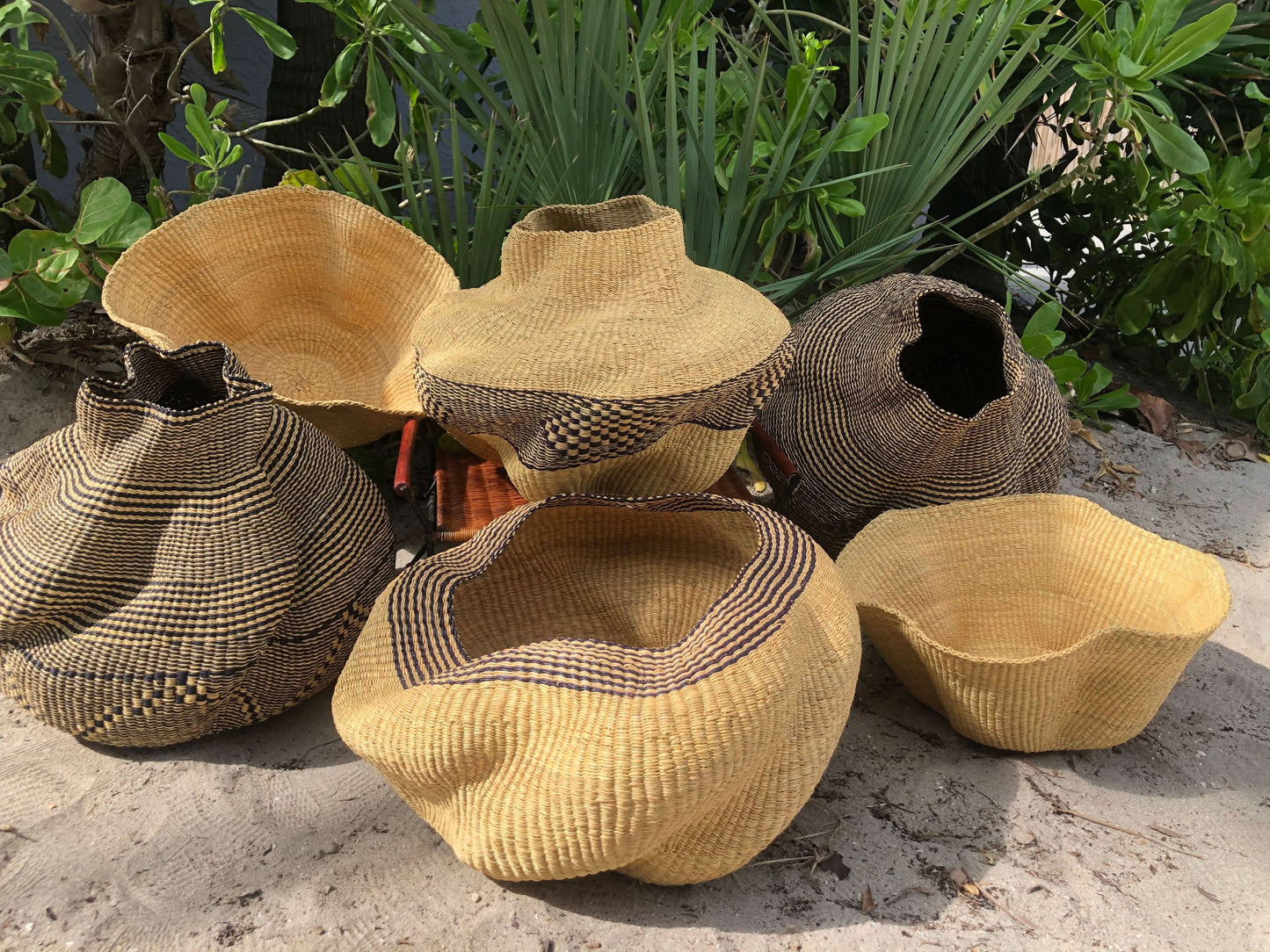 Large twist weave Ghana Basket in Natural with Black Trim