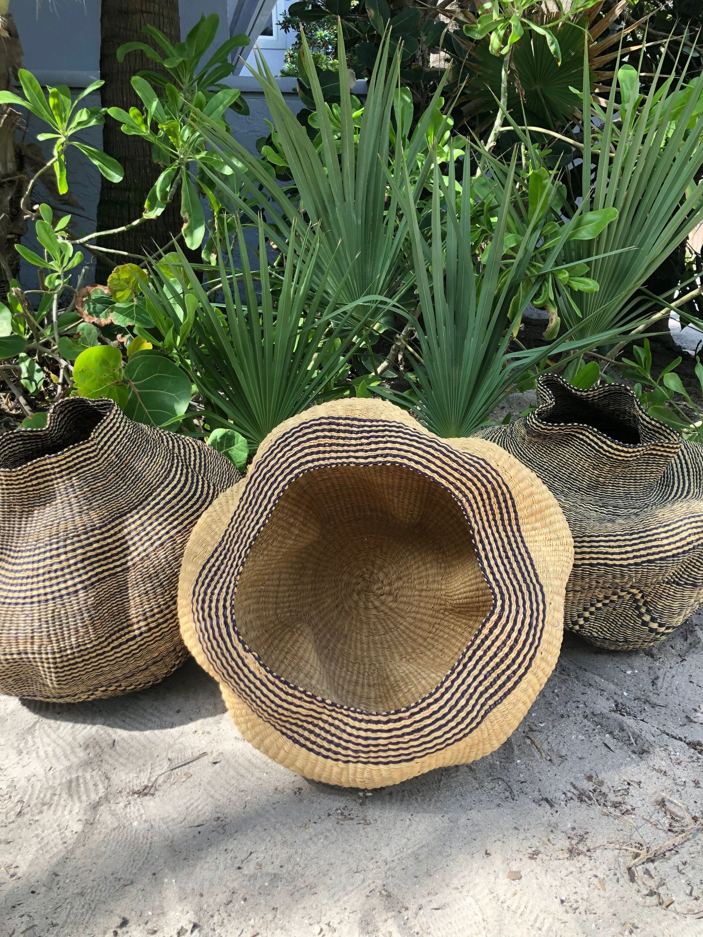 Large twist weave Ghana Basket in Natural with Black Trim