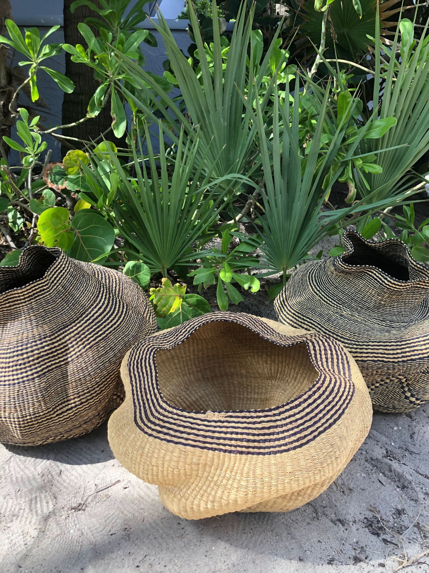 Large twist weave Ghana Basket in Natural with Black Trim