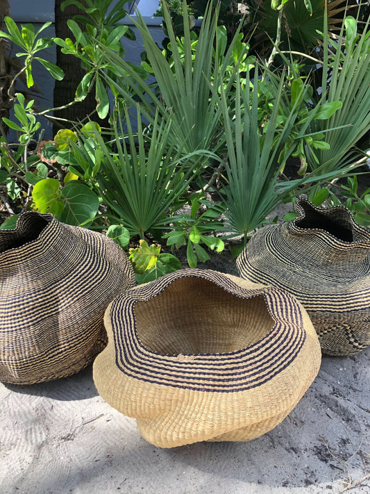 Large twist weave Ghana Basket in Natural with Black Trim