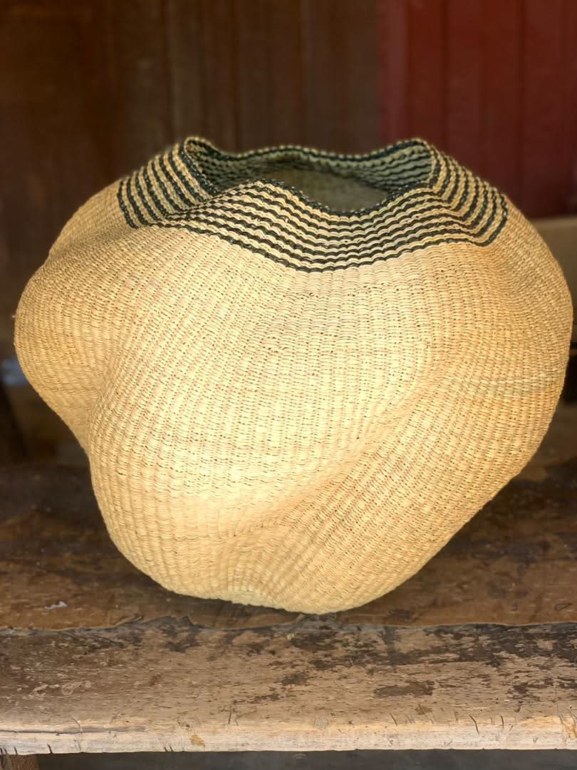 Large twist weave Ghana Basket in Natural with Black Trim