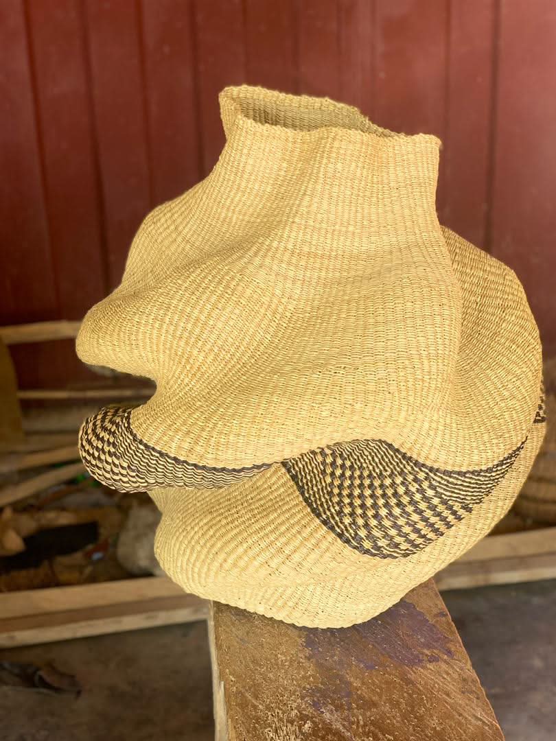 Large twist weave Tribal Ghana Basket in Beige and Black