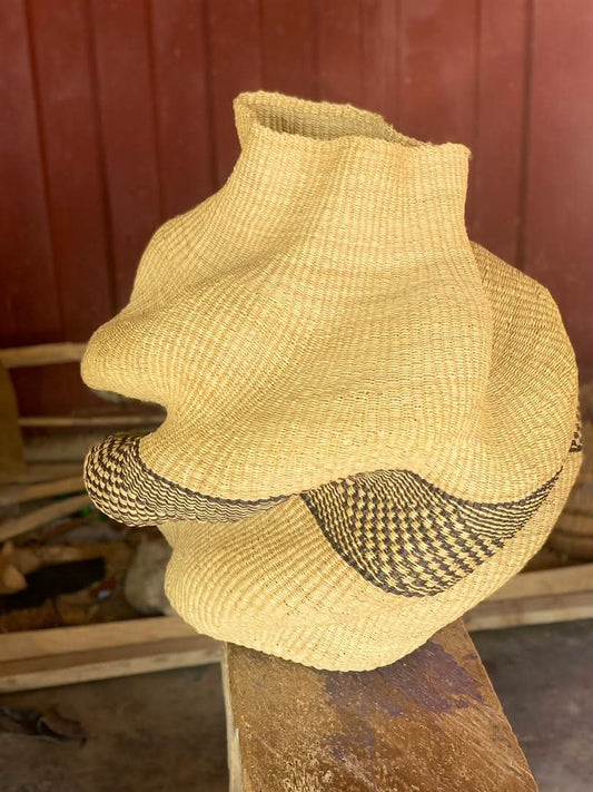 Large twist weave Tribal Ghana Basket in Beige and Black
