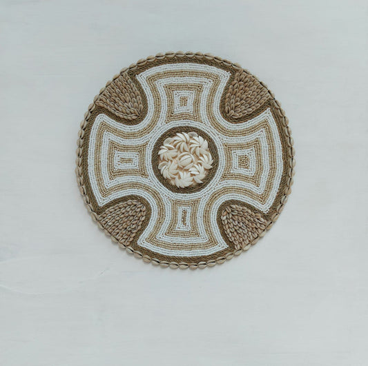 Tribal Cowrie Beaded Shield in Tan and Ivory