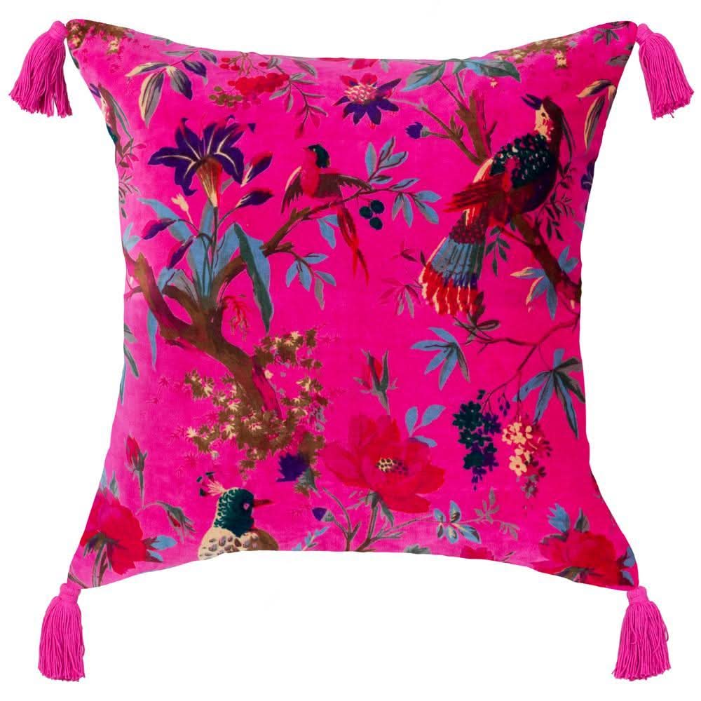 Velvet Bird of Paradise Pillow with Tassels in Pink