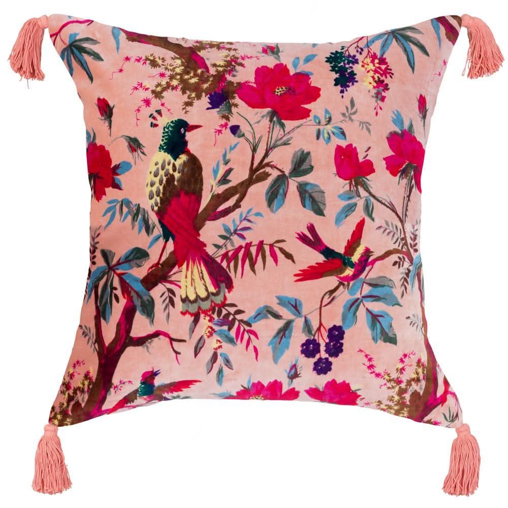 Velvet Bird of Paradise Pillow with Tassels in Peach