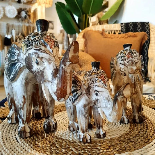 Set of 3 Hand Carved Elephants in White Wash
